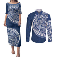 Tonga Queen Salote College Personalized Couples Matching Puletasi and Long Sleeve Button Shirt Ngatu Tokelaufeletoa Motifs LT7 Navy Blue - Polynesian Pride