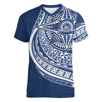 Tonga Queen Salote College Personalized Women V-Neck T-Shirt Ngatu Tokelaufeletoa Motifs LT7 Female Navy Blue - Polynesian Pride