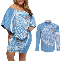 Tonga Apifo'ou Kolisi Personalized Couples Matching Off Shoulder Short Dress and Long Sleeve Button Shirt Ngatu Tokelaufeletoa Motifs LT7 Light Blue - Polynesian Pride