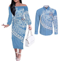 Tonga Apifo'ou Kolisi Personalized Couples Matching Off The Shoulder Long Sleeve Dress and Long Sleeve Button Shirt Ngatu Tokelaufeletoa Motifs LT7 Light Blue - Polynesian Pride