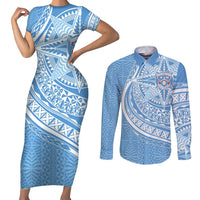 Tonga Apifo'ou Kolisi Personalized Couples Matching Short Sleeve Bodycon Dress and Long Sleeve Button Shirt Ngatu Tokelaufeletoa Motifs LT7 Light Blue - Polynesian Pride