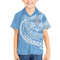 Tonga Apifo'ou Kolisi Personalized Family Matching Off Shoulder Maxi Dress and Hawaiian Shirt Ngatu Tokelaufeletoa Motifs LT7 Son's Shirt Light Blue - Polynesian Pride