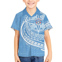 Tonga Apifo'ou Kolisi Personalized Family Matching Short Sleeve Bodycon Dress and Hawaiian Shirt Ngatu Tokelaufeletoa Motifs LT7 Son's Shirt Light Blue - Polynesian Pride