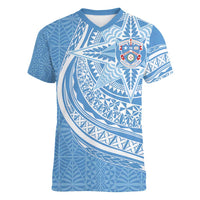 Tonga Apifo'ou Kolisi Personalized Women V-Neck T-Shirt Ngatu Tokelaufeletoa Motifs LT7 Female Light Blue - Polynesian Pride