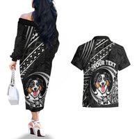 Personalised Polynesian Dog Couples Matching Off The Shoulder Long Sleeve Dress and Hawaiian Shirt With Australian Shepherd - Crescent Style LT7 - Polynesian Pride