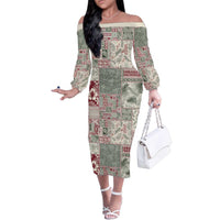 Aloha Hawaii Pastel Christmas Patchwork Family Matching Off The Shoulder Long Sleeve Dress and Hawaiian Shirt Classic Style LT7 Mom's Dress Pastel Green - Polynesian Pride