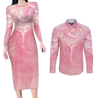 Breast Cancer Awareness Maori Aotearoa Couples Matching Long Sleeve Bodycon Dress and Long Sleeve Button Shirt Manta Ray - Pink Glaze LT7 Pink - Polynesian Pride