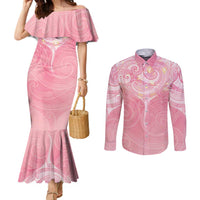 Breast Cancer Awareness Maori Aotearoa Couples Matching Mermaid Dress and Long Sleeve Button Shirt Manta Ray - Pink Glaze LT7 Pink - Polynesian Pride