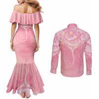 Breast Cancer Awareness Maori Aotearoa Couples Matching Mermaid Dress and Long Sleeve Button Shirt Manta Ray - Pink Glaze LT7 - Polynesian Pride