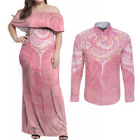 Breast Cancer Awareness Maori Aotearoa Couples Matching Off Shoulder Maxi Dress and Long Sleeve Button Shirt Manta Ray - Pink Glaze LT7 Pink - Polynesian Pride