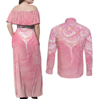 Breast Cancer Awareness Maori Aotearoa Couples Matching Off Shoulder Maxi Dress and Long Sleeve Button Shirt Manta Ray - Pink Glaze LT7 - Polynesian Pride