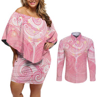 Breast Cancer Awareness Maori Aotearoa Couples Matching Off Shoulder Short Dress and Long Sleeve Button Shirt Manta Ray - Pink Glaze LT7 Pink - Polynesian Pride