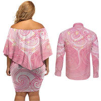 Breast Cancer Awareness Maori Aotearoa Couples Matching Off Shoulder Short Dress and Long Sleeve Button Shirt Manta Ray - Pink Glaze LT7 - Polynesian Pride