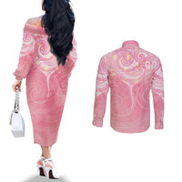 Breast Cancer Awareness Maori Aotearoa Couples Matching Off The Shoulder Long Sleeve Dress and Long Sleeve Button Shirt Manta Ray - Pink Glaze LT7 - Polynesian Pride