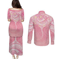 Breast Cancer Awareness Maori Aotearoa Couples Matching Puletasi and Long Sleeve Button Shirt Manta Ray - Pink Glaze LT7 - Polynesian Pride