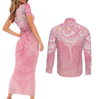 Breast Cancer Awareness Maori Aotearoa Couples Matching Short Sleeve Bodycon Dress and Long Sleeve Button Shirt Manta Ray - Pink Glaze LT7 - Polynesian Pride