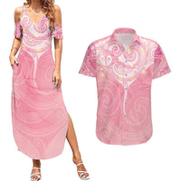 Breast Cancer Awareness Maori Aotearoa Couples Matching Summer Maxi Dress and Hawaiian Shirt Manta Ray - Pink Glaze LT7 Pink - Polynesian Pride