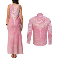 Breast Cancer Awareness Maori Aotearoa Couples Matching Tank Maxi Dress and Long Sleeve Button Shirt Manta Ray - Pink Glaze LT7 - Polynesian Pride