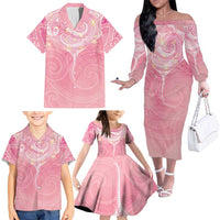 Breast Cancer Awareness Maori Aotearoa Family Matching Off The Shoulder Long Sleeve Dress and Hawaiian Shirt Manta Ray - Pink Glaze LT7 - Polynesian Pride