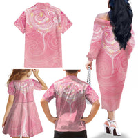 Breast Cancer Awareness Maori Aotearoa Family Matching Off The Shoulder Long Sleeve Dress and Hawaiian Shirt Manta Ray - Pink Glaze LT7 - Polynesian Pride
