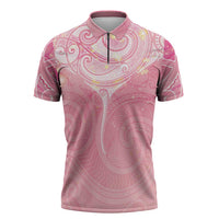 Breast Cancer Awareness Maori Aotearoa Zipper Polo Shirt Manta Ray - Pink Glaze LT7 Pink - Polynesian Pride