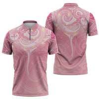 Breast Cancer Awareness Maori Aotearoa Zipper Polo Shirt Manta Ray - Pink Glaze LT7 - Polynesian Pride