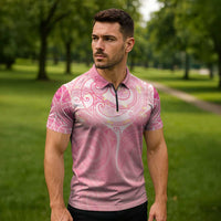 Breast Cancer Awareness Maori Aotearoa Zipper Polo Shirt Manta Ray - Pink Glaze LT7 - Polynesian Pride