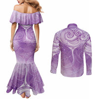 Epilepsy Awareness Maori Aotearoa Couples Matching Mermaid Dress and Long Sleeve Button Shirt Manta Ray - Purple Glaze LT7 - Polynesian Pride