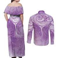 Epilepsy Awareness Maori Aotearoa Couples Matching Off Shoulder Maxi Dress and Long Sleeve Button Shirt Manta Ray - Purple Glaze LT7 - Polynesian Pride