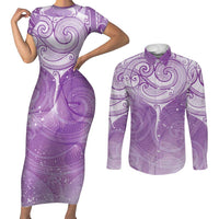 Epilepsy Awareness Maori Aotearoa Couples Matching Short Sleeve Bodycon Dress and Long Sleeve Button Shirt Manta Ray - Purple Glaze LT7 Purple - Polynesian Pride