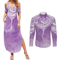 Epilepsy Awareness Maori Aotearoa Couples Matching Summer Maxi Dress and Long Sleeve Button Shirt Manta Ray - Purple Glaze LT7 Purple - Polynesian Pride
