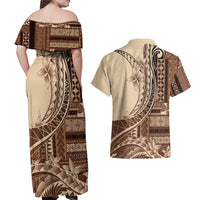 Samoa Siapo Mamanu Couples Matching Off Shoulder Maxi Dress and Hawaiian Shirt Plumeria Mocha Motifs LT7 - Polynesian Pride