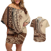 Samoa Siapo Mamanu Couples Matching Off Shoulder Short Dress and Hawaiian Shirt Plumeria Mocha Motifs LT7 Mocha - Polynesian Pride