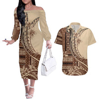 Samoa Siapo Mamanu Couples Matching Off The Shoulder Long Sleeve Dress and Hawaiian Shirt Plumeria Mocha Motifs LT7 Mocha - Polynesian Pride