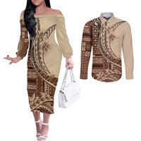 Samoa Siapo Mamanu Couples Matching Off The Shoulder Long Sleeve Dress and Long Sleeve Button Shirt Plumeria Mocha Motifs LT7 Mocha - Polynesian Pride
