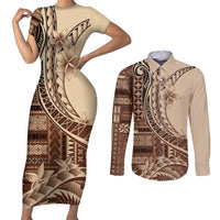 Samoa Siapo Mamanu Couples Matching Short Sleeve Bodycon Dress and Long Sleeve Button Shirt Plumeria Mocha Motifs LT7 Mocha - Polynesian Pride