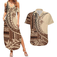 Samoa Siapo Mamanu Couples Matching Summer Maxi Dress and Hawaiian Shirt Plumeria Mocha Motifs LT7 Mocha - Polynesian Pride