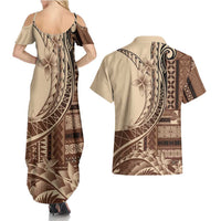 Samoa Siapo Mamanu Couples Matching Summer Maxi Dress and Hawaiian Shirt Plumeria Mocha Motifs LT7 - Polynesian Pride