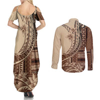 Samoa Siapo Mamanu Couples Matching Summer Maxi Dress and Long Sleeve Button Shirt Plumeria Mocha Motifs LT7 - Polynesian Pride