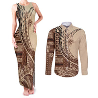 Samoa Siapo Mamanu Couples Matching Tank Maxi Dress and Long Sleeve Button Shirt Plumeria Mocha Motifs LT7 Mocha - Polynesian Pride