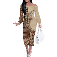 Samoa Siapo Mamanu Family Matching Off The Shoulder Long Sleeve Dress and Hawaiian Shirt Plumeria Mocha Motifs LT7 Mom's Dress Mocha - Polynesian Pride