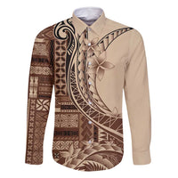 Samoa Siapo Mamanu Family Matching Off Shoulder Short Dress and Hawaiian Shirt Plumeria Mocha Motifs LT7 Dad's Shirt - Long Sleeve Mocha - Polynesian Pride