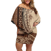 Samoa Siapo Mamanu Family Matching Off Shoulder Short Dress and Hawaiian Shirt Plumeria Mocha Motifs LT7 Mom's Dress Mocha - Polynesian Pride