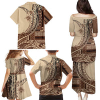 Samoa Siapo Mamanu Family Matching Puletasi and Hawaiian Shirt Plumeria Mocha Motifs LT7 - Polynesian Pride