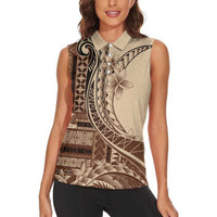 Samoa Siapo Mamanu Women Sleeveless Polo Shirt Plumeria Mocha Motifs LT7 - Polynesian Pride