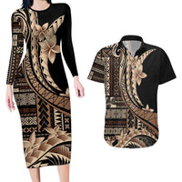 Samoa Siapo Mamanu Couples Matching Long Sleeve Bodycon Dress and Hawaiian Shirt Plumeria Black Motifs LT7 Black - Polynesian Pride