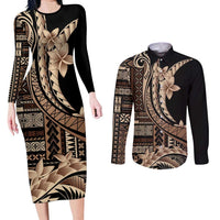 Samoa Siapo Mamanu Couples Matching Long Sleeve Bodycon Dress and Long Sleeve Button Shirt Plumeria Black Motifs LT7 Black - Polynesian Pride