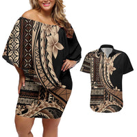 Samoa Siapo Mamanu Couples Matching Off Shoulder Short Dress and Hawaiian Shirt Plumeria Black Motifs LT7 Black - Polynesian Pride