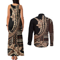 Samoa Siapo Mamanu Couples Matching Tank Maxi Dress and Long Sleeve Button Shirt Plumeria Black Motifs LT7 - Polynesian Pride
