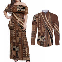 Pasifika Women's Day - Samoa Siapo Malu Tattoo Inspired Couples Matching Off Shoulder Maxi Dress and Long Sleeve Button Shirt Brown